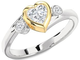 Diamond Silver & 10K gold Heart Three Stone Engagement Ring