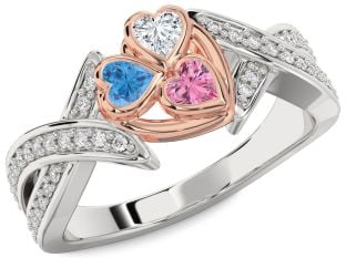 Diamond Rose Gold Silver Heart Three Stone Mother's Ring