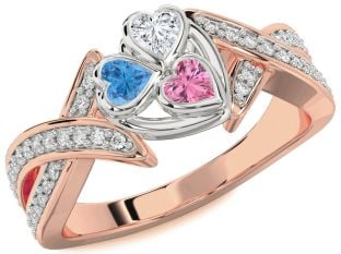 Diamond Rose Gold Silver Heart Three Stone Mother's Ring
