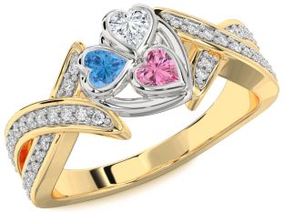 Diamond Gold Silver Heart Three Stone Mother's Ring