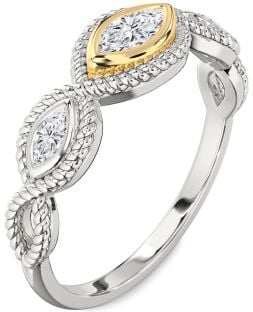Diamond Silver & 10K gold Knot Marquise Three Stone Engagement Ring