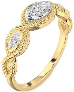 Diamond White Yellow Gold Knot Marquise Three Stone Engagement Ring