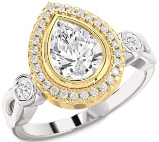 Diamond Silver & 10K gold Halo Pear Engagement Ring