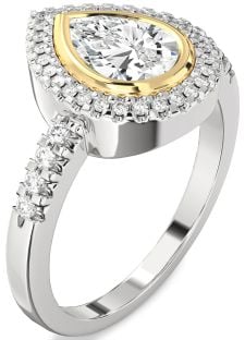 Diamond Silver & 10K gold Halo Pear Engagement Ring