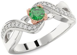 Diamond Emerald Silver & 10K Rose Gold Round Promise Ring