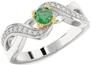Diamond Emerald Platinum & Yellow Gold Round Promise Ring