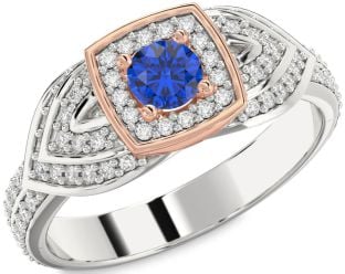 Diamond Blue Sapphire Platinum & Rose Gold Halo Round Pave Promise Ring