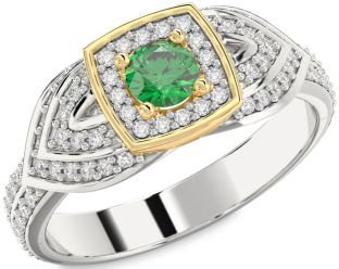 Diamond Emerald Platinum & Yellow Gold Round Promise Ring