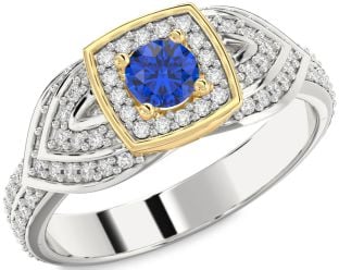 Diamond Blue Sapphire Platinum & Yellow Gold Halo Round Pave Promise Ring