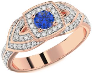 Diamond Blue Sapphire Rose Gold Halo Round Pave Promise Ring