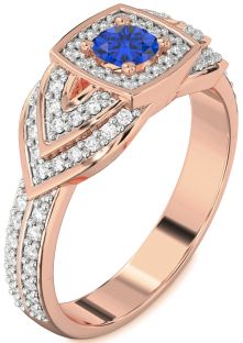 Diamond Blue Sapphire Rose Gold Halo Round Pave Promise Ring