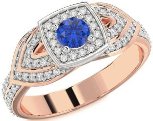 Diamond Blue Sapphire White Rose Gold Halo Round Pave Promise Ring
