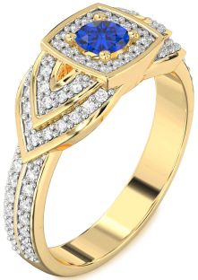 Diamond Blue Sapphire Gold Halo Round Pave Promise Ring