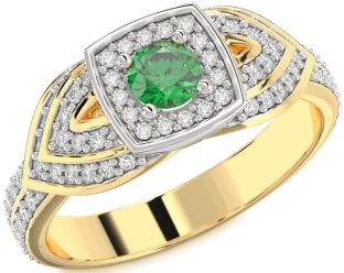 Diamond Emerald Platinum & Yellow Gold Round Promise Ring