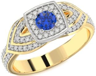 Diamond Blue Sapphire White Yellow Gold Halo Round Pave Promise Ring