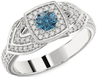 Blue Diamond Silver Halo Round Pave Promise Ring