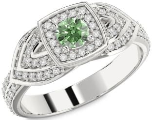 Green Diamond Silver Halo Round Pave Promise Ring