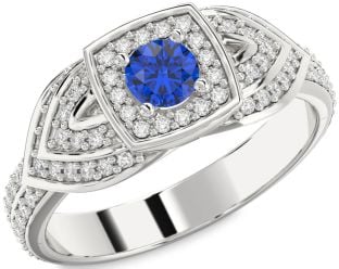 Diamond Blue Sapphire Platinum Halo Round Pave Promise Ring