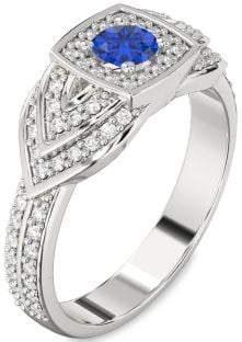 Diamond Blue Sapphire Platinum Halo Round Pave Promise Ring