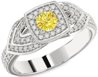 Yellow Diamond Silver Halo Round Pave Promise Ring