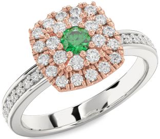 Diamond Emerald Silver & 10K Rose Gold Round Promise Ring