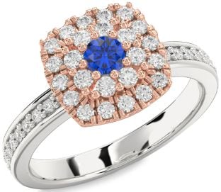 Diamond Blue Sapphire White Rose Gold Halo Round Pave Promise Ring