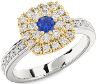 Diamond Blue Sapphire White Yellow Gold Halo Round Pave Promise Ring