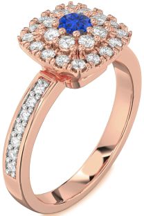 Diamond Blue Sapphire Rose Gold Halo Round Pave Promise Ring