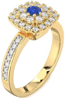 Diamond Blue Sapphire Gold Halo Round Pave Promise Ring