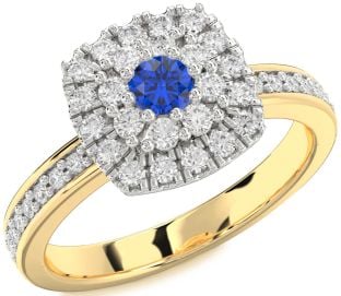 Diamond Blue Sapphire White Yellow Gold Halo Round Pave Promise Ring