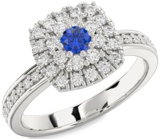 Diamond Blue Sapphire White Gold Halo Round Pave Promise Ring