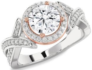 Diamond Silver & 10K Rose Gold Halo Round Solitaire Pave Engagement Ring