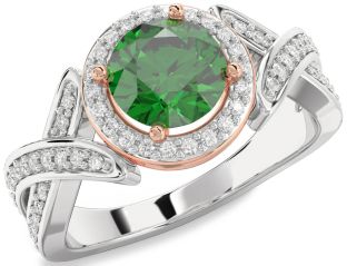 Diamond Emerald Silver & 10K Rose Gold Halo Round Solitaire Pave Engagement Ring
