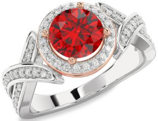 Diamond Ruby Silver & 10K Rose Gold Halo Round Solitaire Pave Engagement Ring