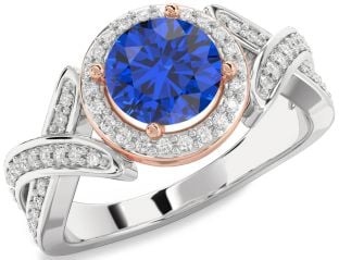 Diamond Blue Sapphire Platinum & Rose Gold Halo Round Pave Engagement Ring