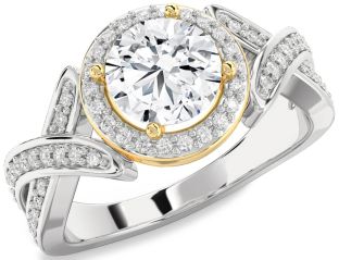 Diamond Silver & 10K gold Halo Round Solitaire Pave Engagement Ring