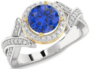 Diamond Blue Sapphire Platinum & Yellow Gold Halo Round Pave Engagement Ring