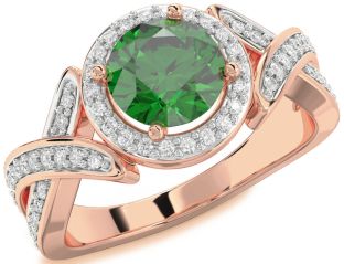 Diamond Emerald Rose Gold Halo Round Solitaire Pave Engagement Ring