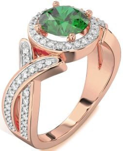 Diamond Emerald Rose Gold Halo Round Pave Engagement Ring