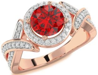 Diamond Ruby Rose Gold Halo Round Solitaire Pave Engagement Ring