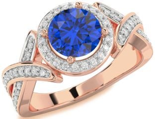 Diamond Blue Sapphire Rose Gold Halo Round Pave Engagement Ring