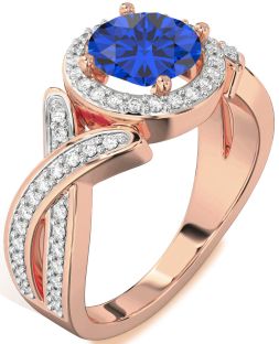 Diamond Blue Sapphire Rose Gold Halo Round Pave Engagement Ring