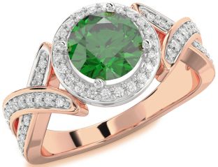 Diamond Emerald White Rose Gold Halo Round Solitaire Pave Engagement Ring