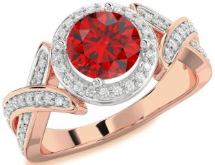 Diamond Ruby White Rose Gold Halo Round Solitaire Pave Engagement Ring
