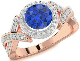 Diamond Blue Sapphire White Rose Gold Halo Round Pave Engagement Ring