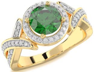 Diamond Emerald Gold Halo Round Solitaire Pave Engagement Ring