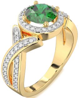 Diamond Emerald Gold Halo Round Pave Engagement Ring
