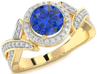 Diamond Blue Sapphire Gold Halo Round Pave Engagement Ring