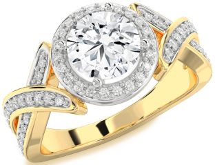 Diamond White Yellow Gold Halo Round Solitaire Pave Engagement Ring