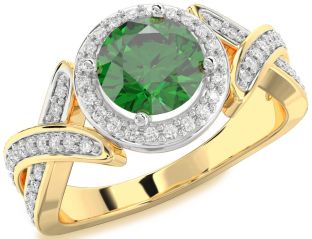 Diamond Emerald White Yellow Gold Halo Round Solitaire Pave Engagement Ring
